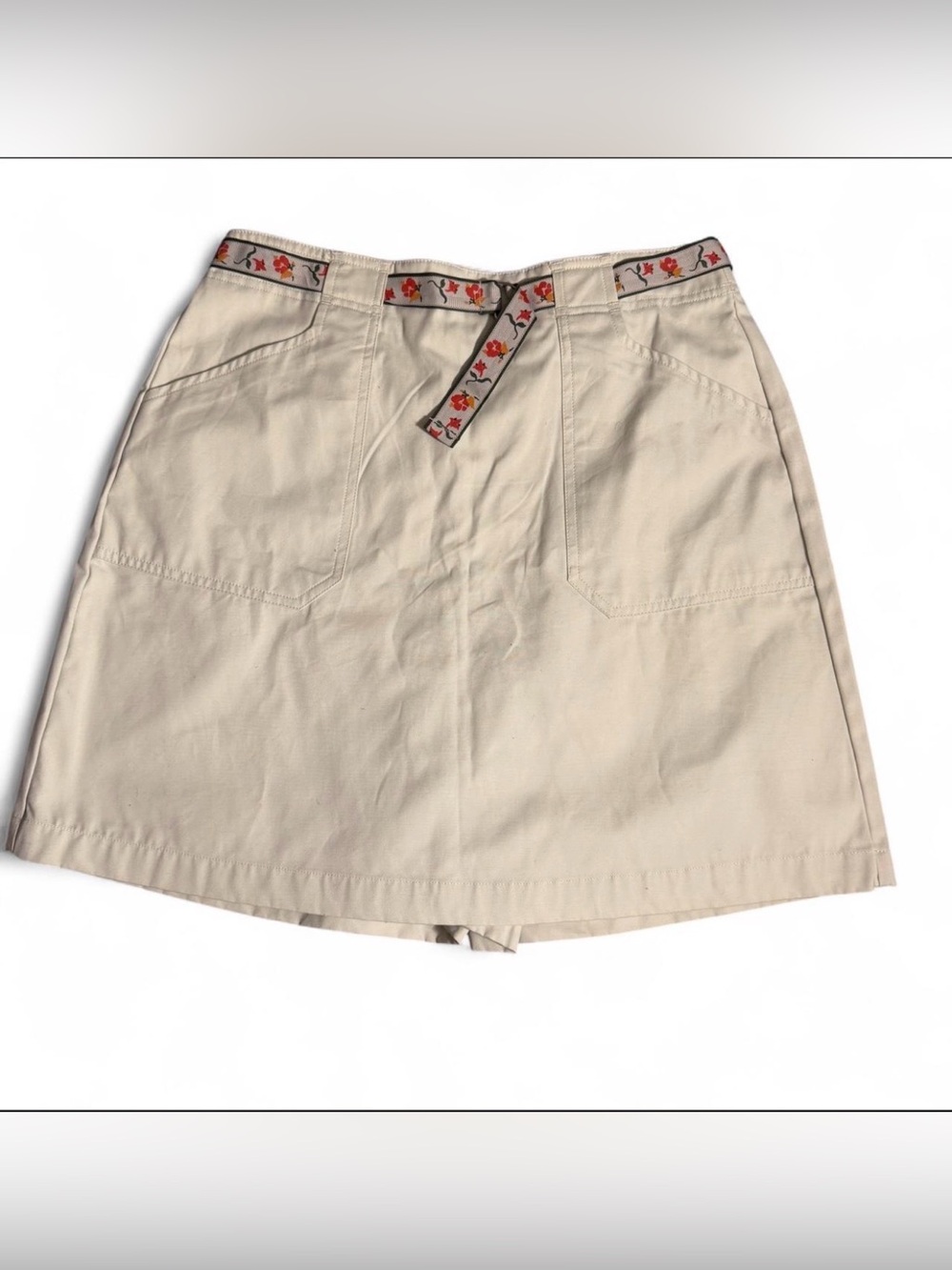 Vintage White Stag Womens Size 8 Belted Floral Trim Skort Shorts Stone Cotton